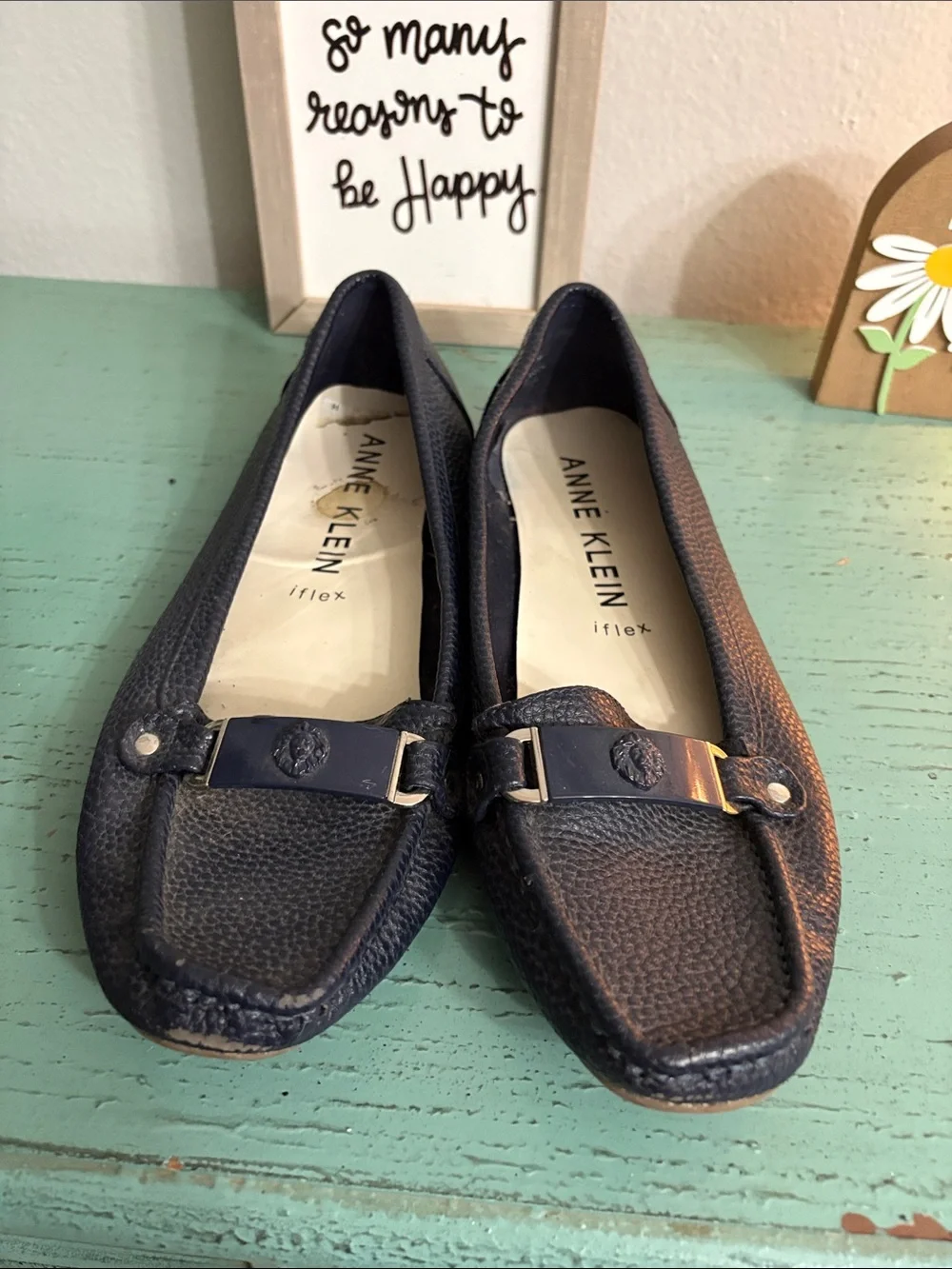 Anne Klein Navy Textured Leather Loafers with Metal Bit